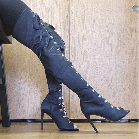 Cape Robbin Shoes - NEW Cape Robbin Thigh High Lace up Stiletto Peep Toe Heeled Boots Women Size 6.5